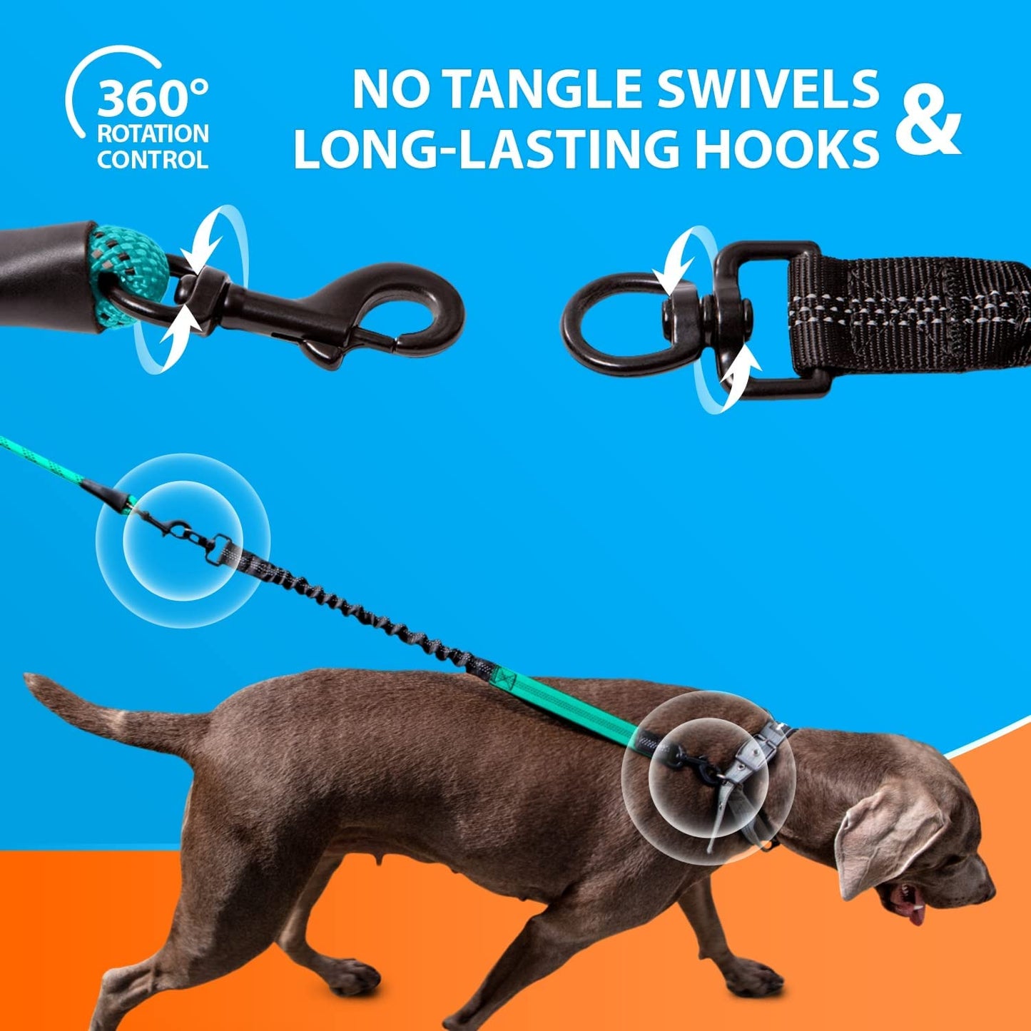 Heavy Duty Rope Bungee Leash for Large and Medium Dogs with Anti-Pull for Shock Absorption - No Slip Reflective Leash for outside (Teal, Bungee Leash- 5.5 Ft)